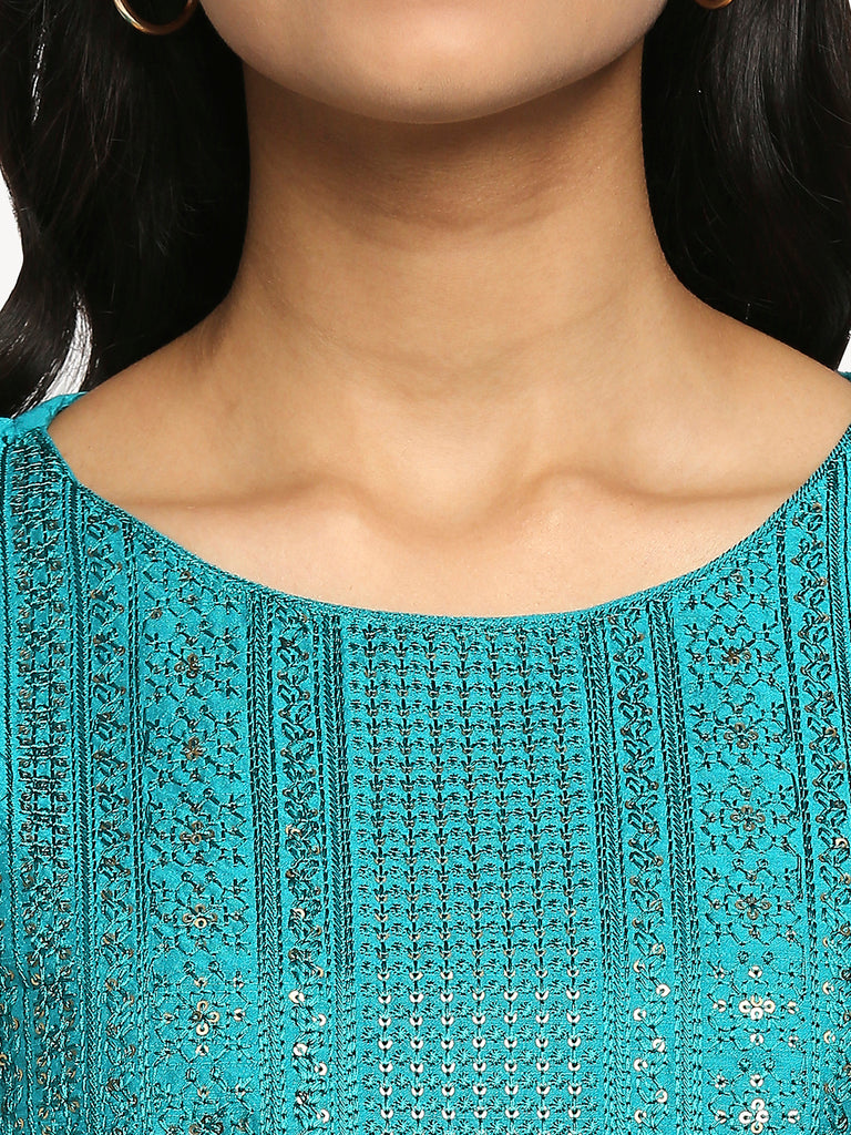 Women's Turquoise Blue Dupion Silk Printed Kurta