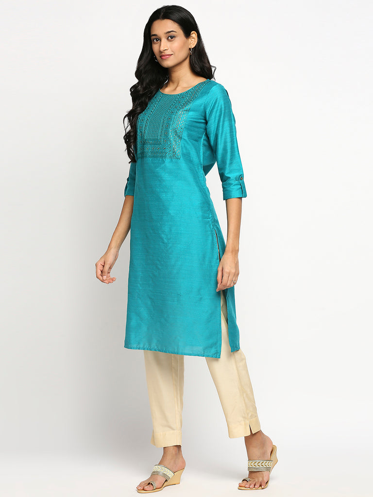 Women's Turquoise Blue Dupion Silk Printed Kurta