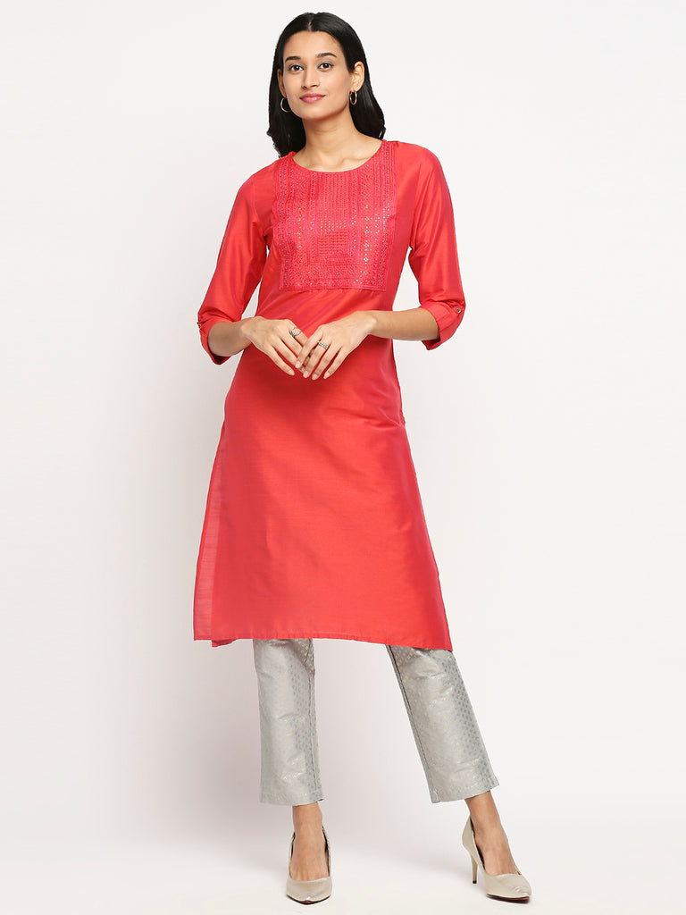Women's Coral Dupion Silk Printed Kurta