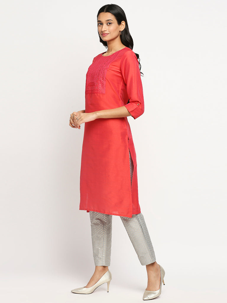 Women's Coral Dupion Silk Printed Kurta