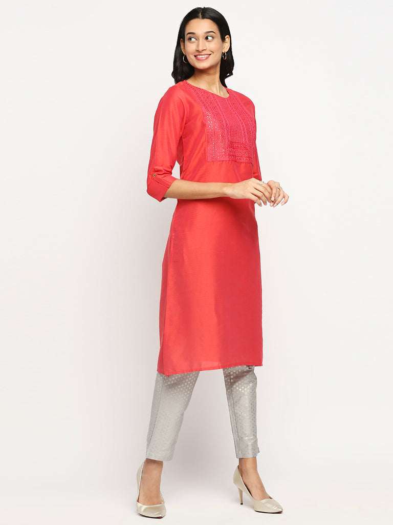 Women's Coral Dupion Silk Printed Kurta