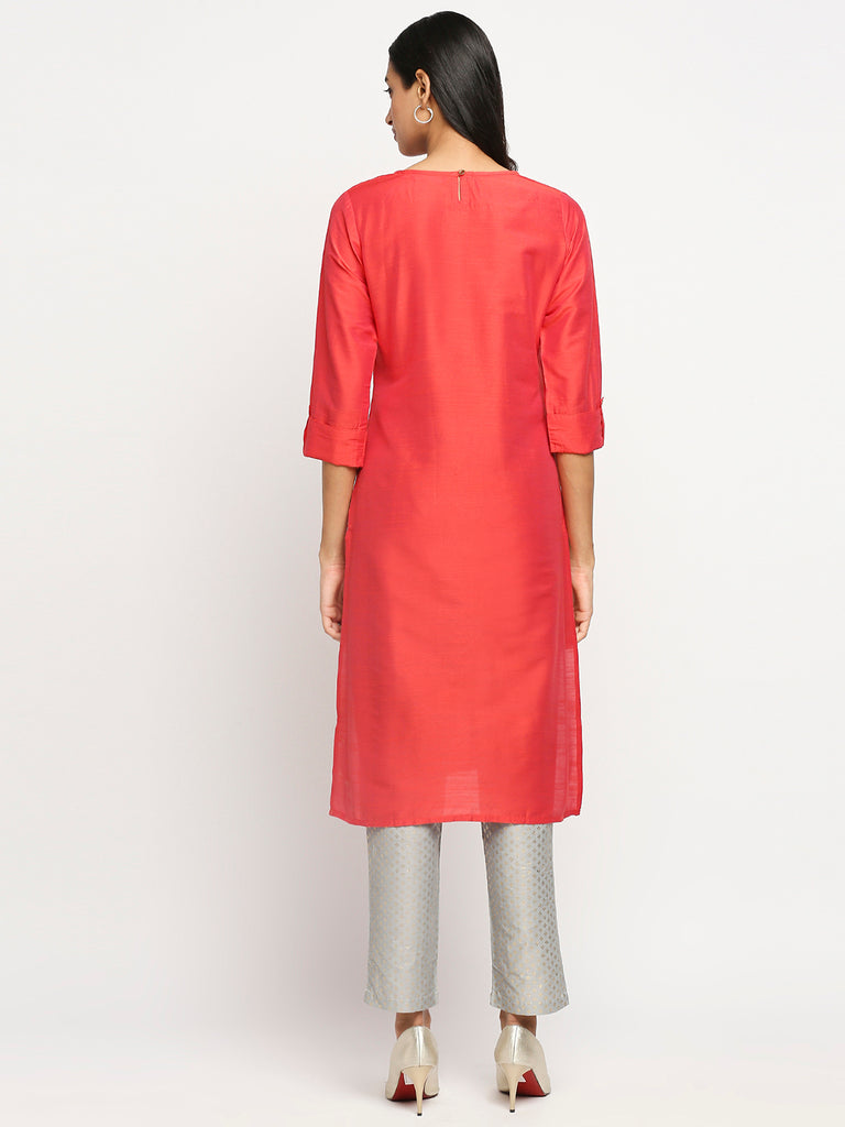 Women's Coral Dupion Silk Printed Kurta