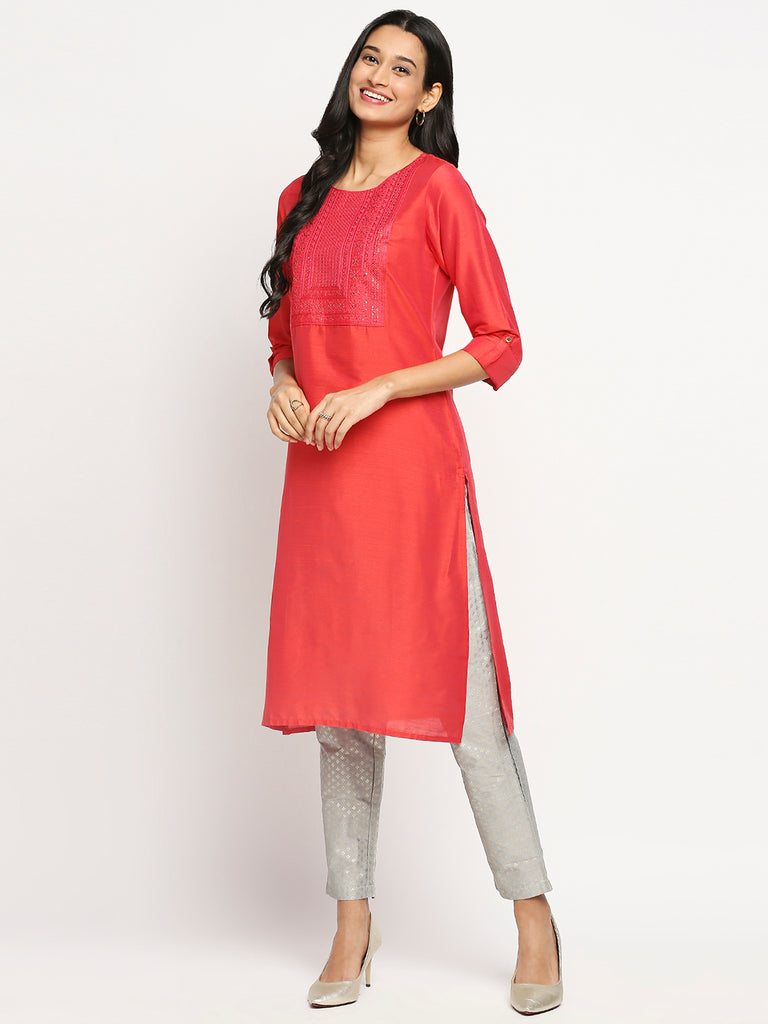 Women's Coral Dupion Silk Printed Kurta