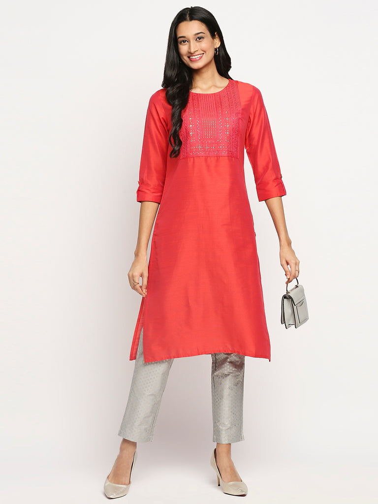 Women's Coral Dupion Silk Printed Kurta