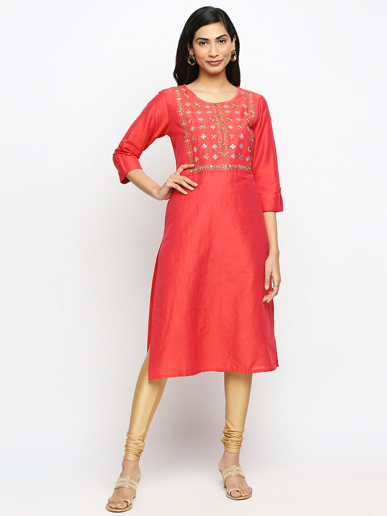 Women's Coral Dupion Silk Printed Kurta