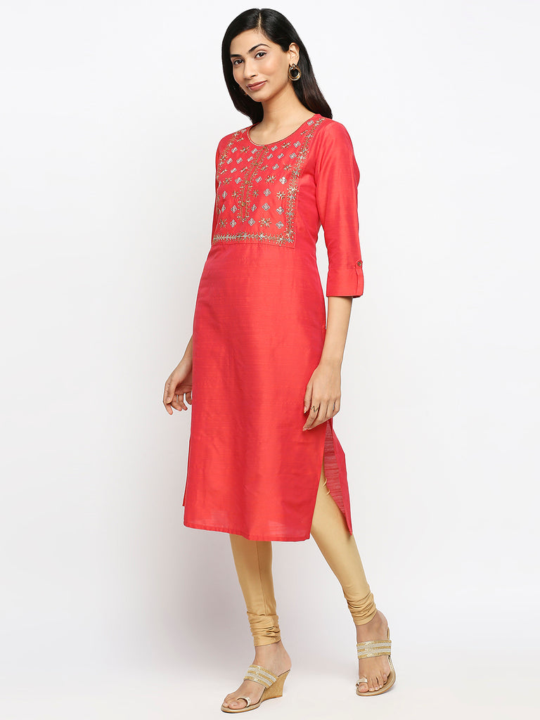 Women's Coral Dupion Silk Printed Kurta