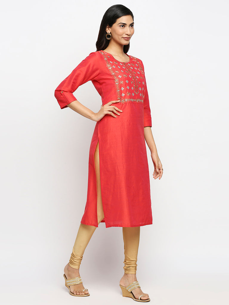 Women's Coral Dupion Silk Printed Kurta