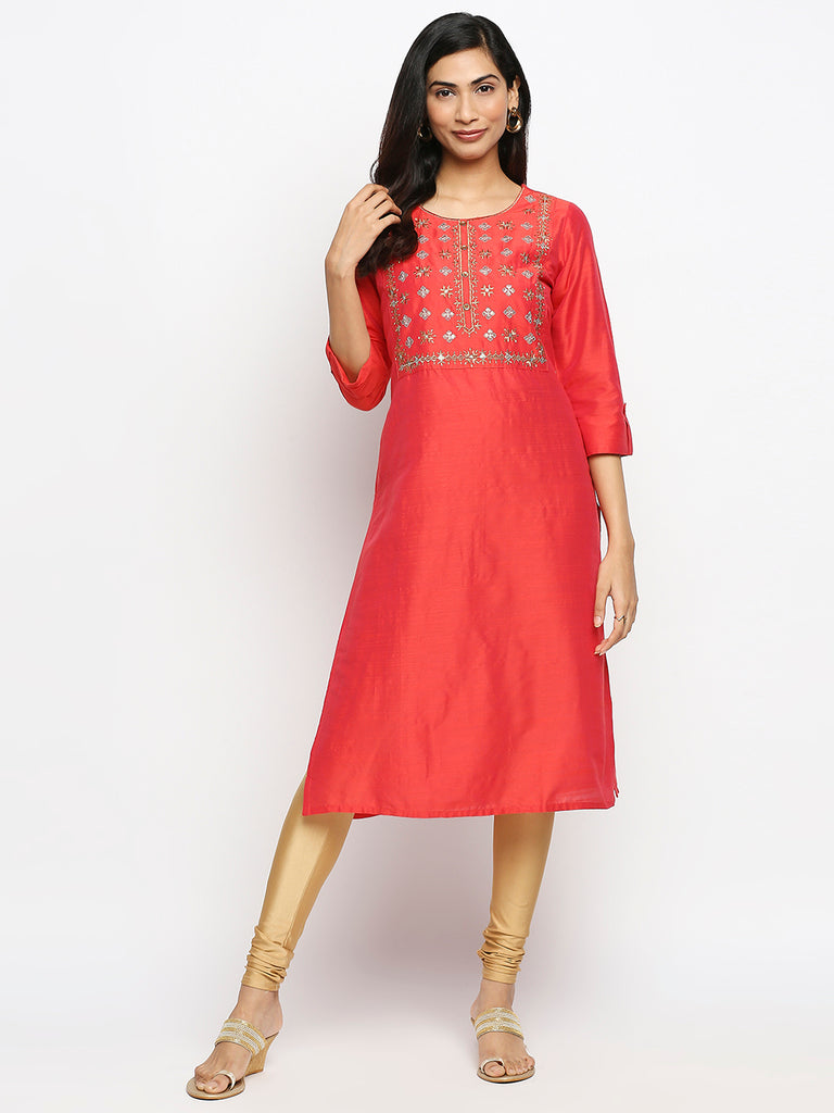 Women's Coral Dupion Silk Printed Kurta