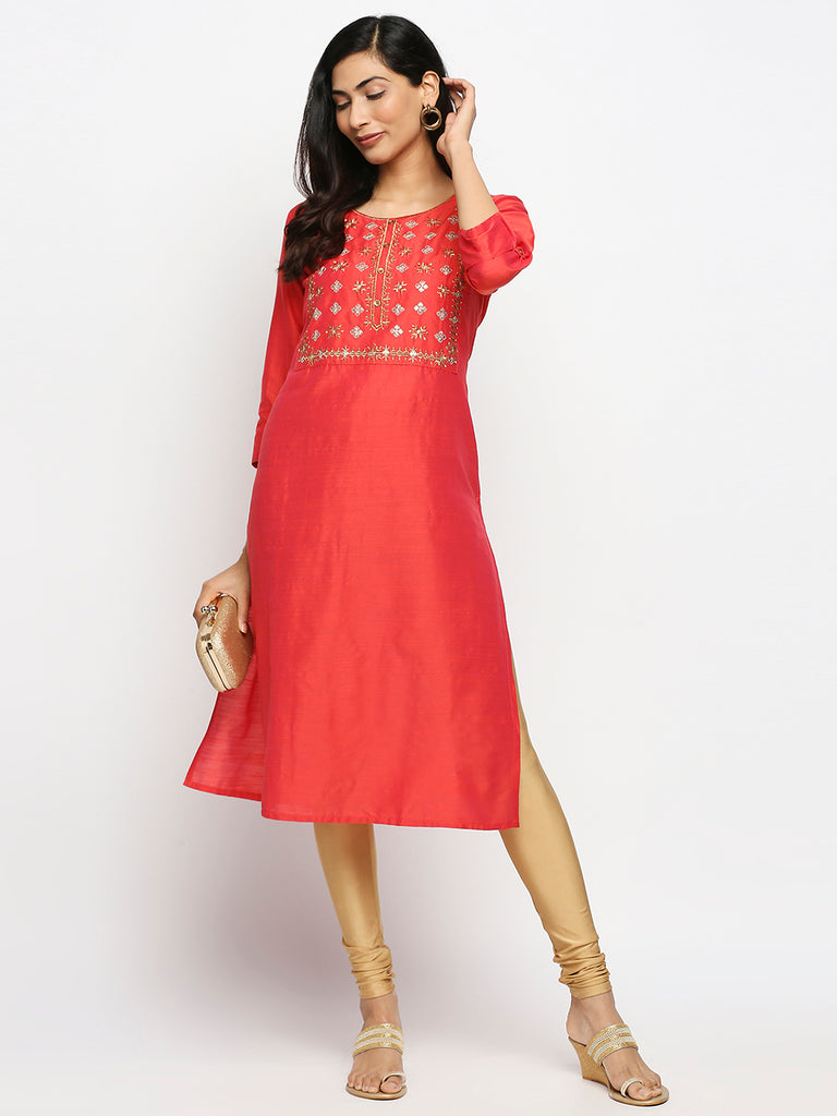 Women's Coral Dupion Silk Printed Kurta