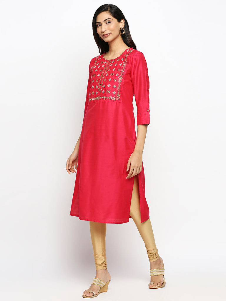 Women's Fucshia Dupion Silk Printed Kurta