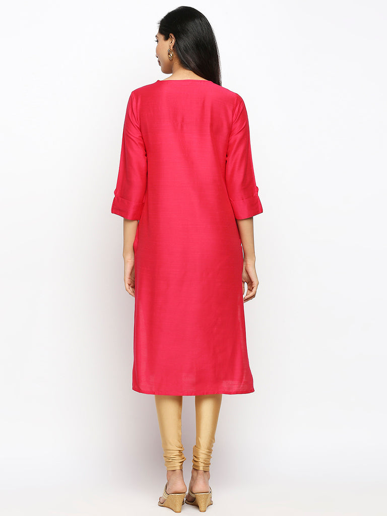 Women's Fucshia Dupion Silk Printed Kurta