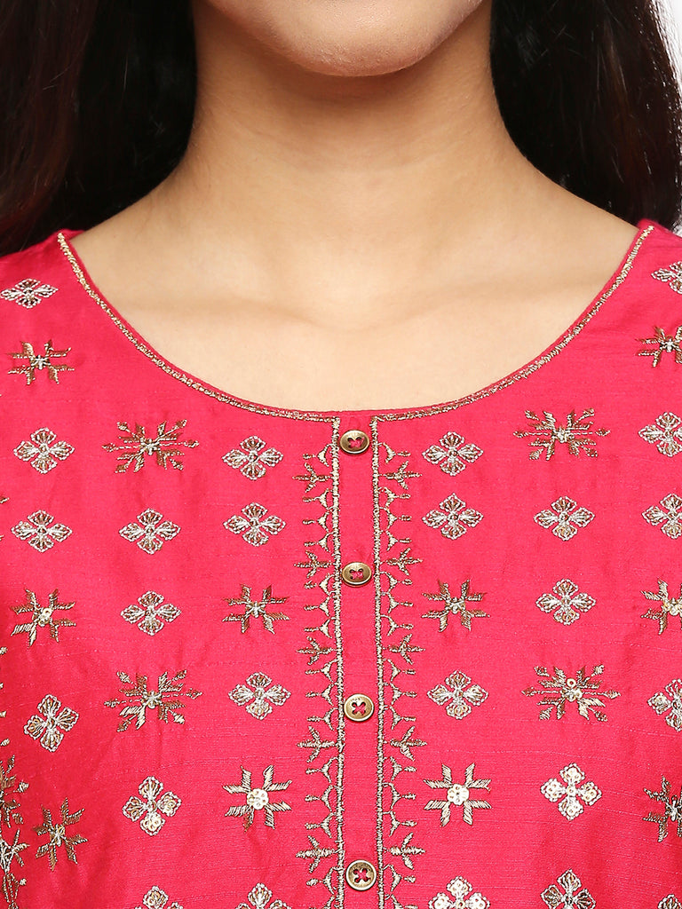 Women's Fucshia Dupion Silk Printed Kurta