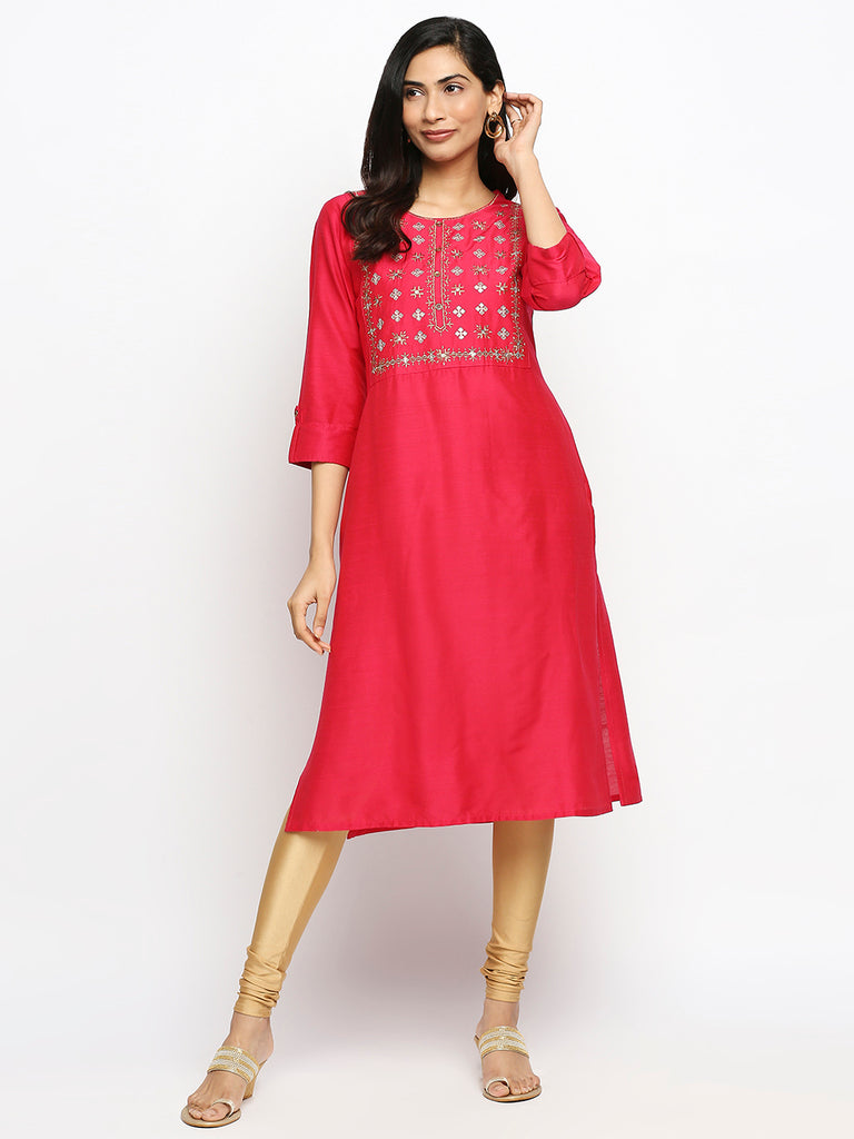 Women's Fucshia Dupion Silk Printed Kurta