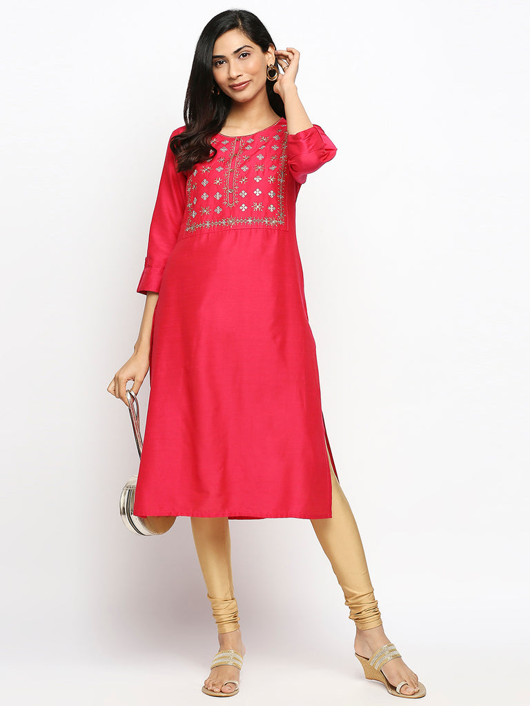 Women's Fucshia Dupion Silk Printed Kurta