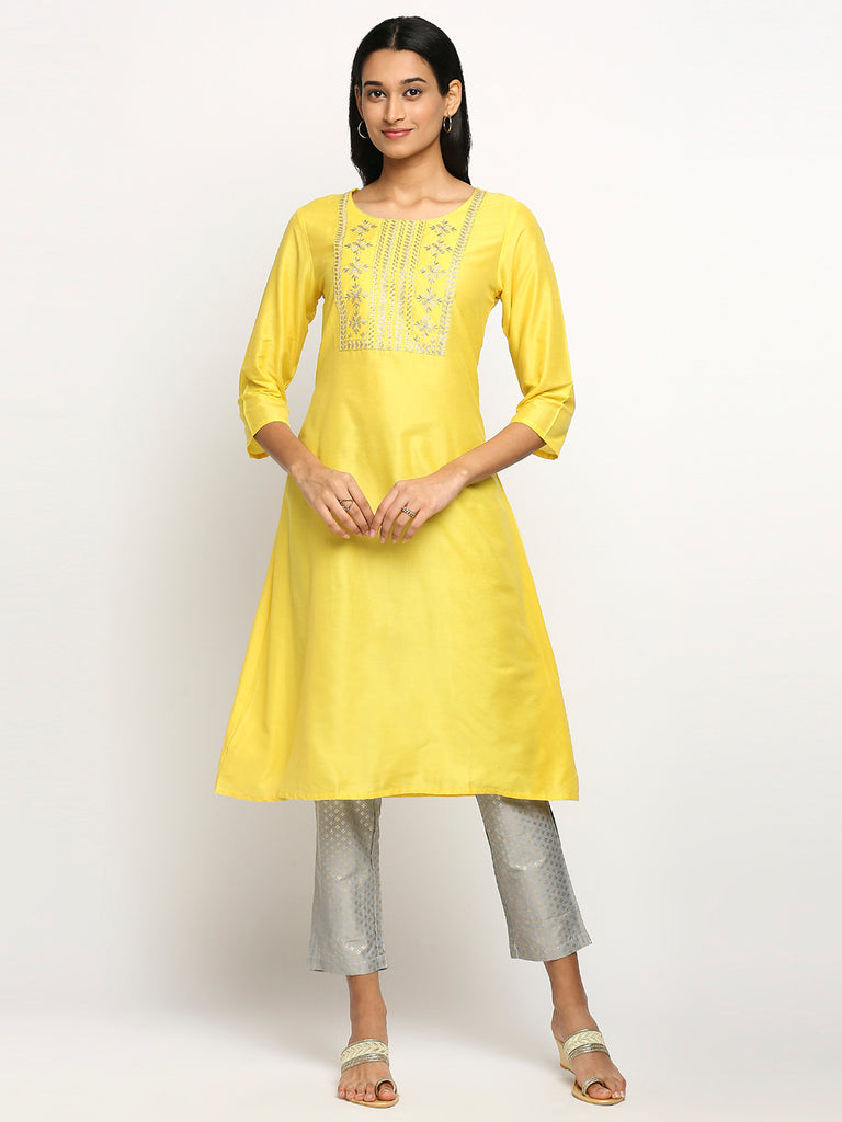 Women's Yellow Chanderi Silk Printed Kurta