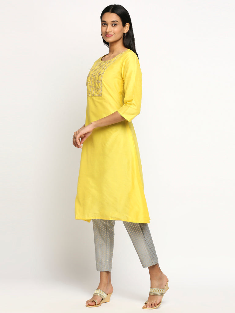 Women's Yellow Chanderi Silk Printed Kurta
