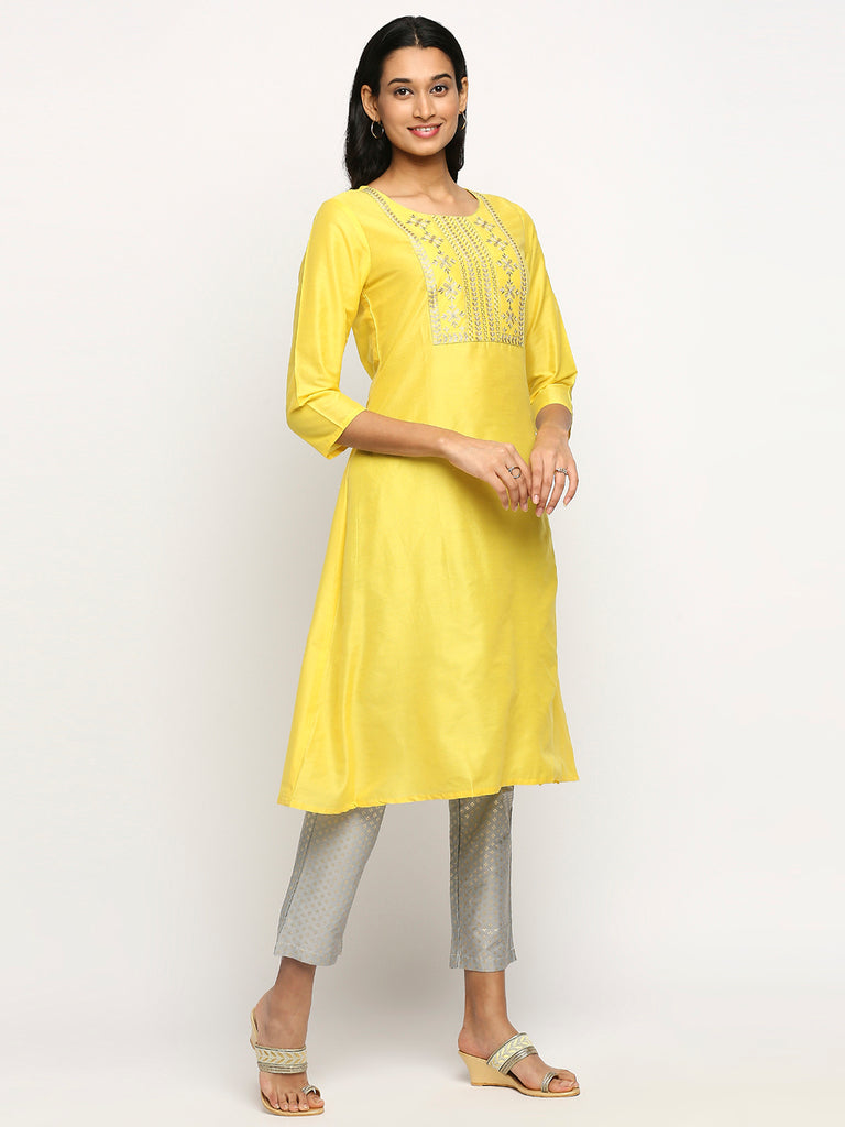 Women's Yellow Chanderi Silk Printed Kurta