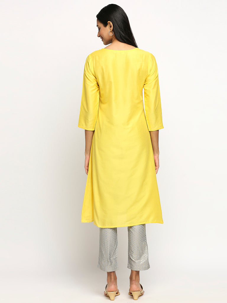 Women's Yellow Chanderi Silk Printed Kurta