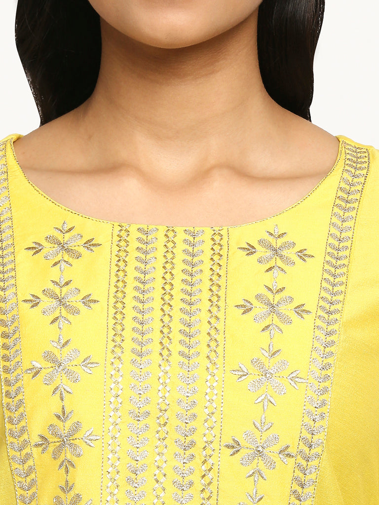 Women's Yellow Chanderi Silk Printed Kurta