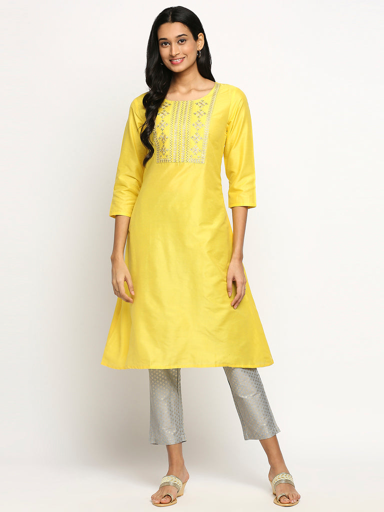Women's Yellow Chanderi Silk Printed Kurta