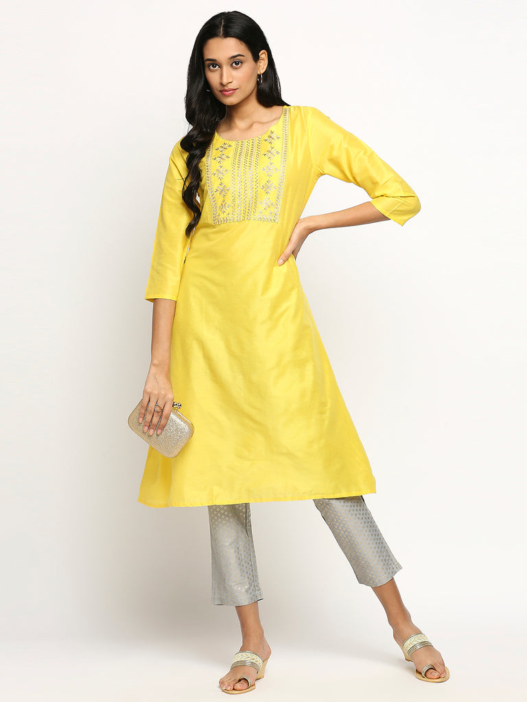 Women's Yellow Chanderi Silk Printed Kurta
