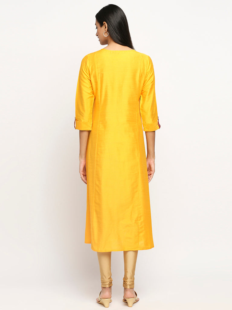 Women's Yellow Art Silk Printed Kurta