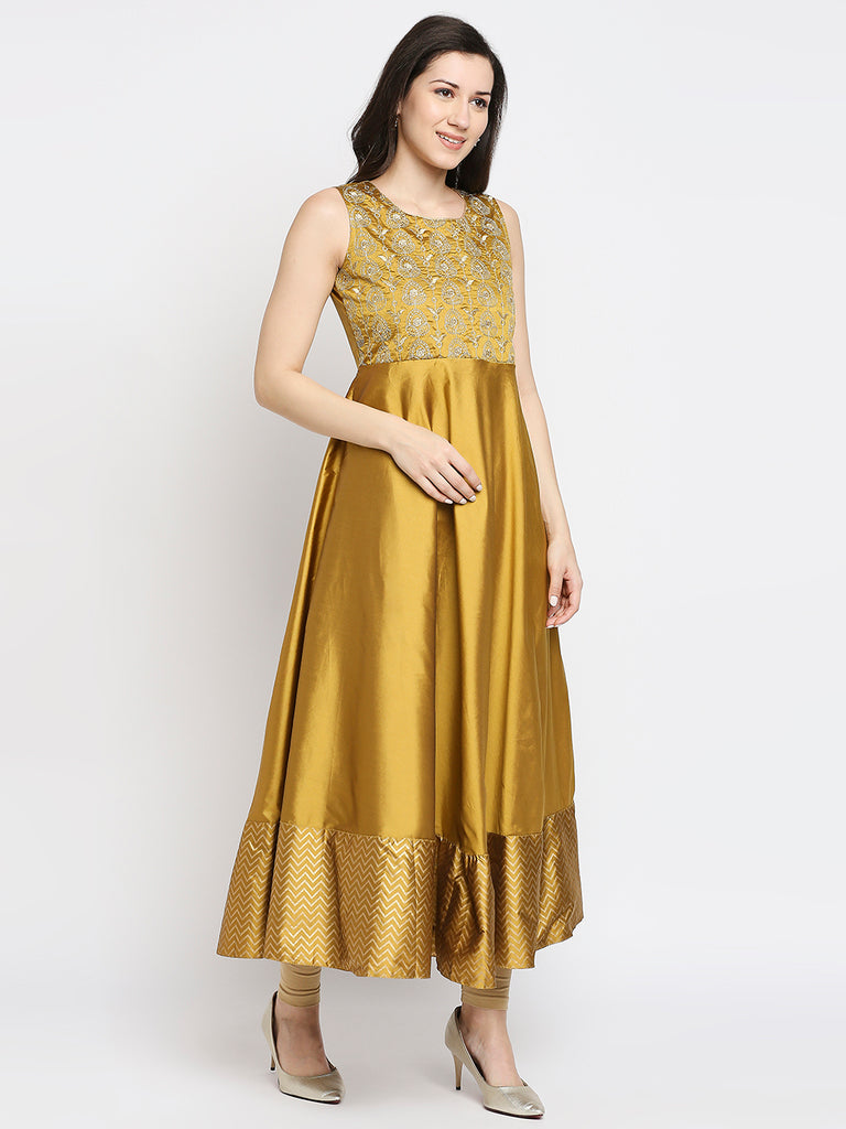Women's Gold Polyester Embroidered Kurta