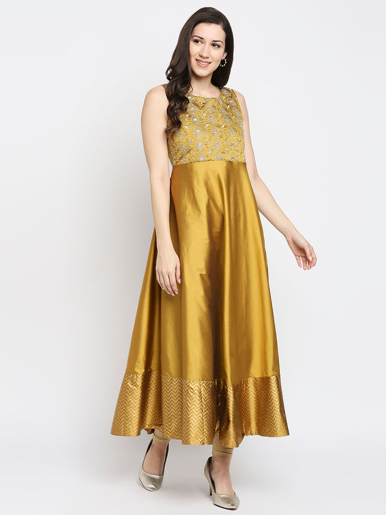 Women's Gold Polyester Embroidered Kurta