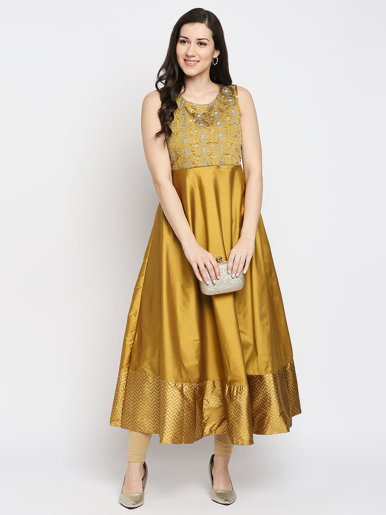Women's Gold Polyester Embroidered Kurta