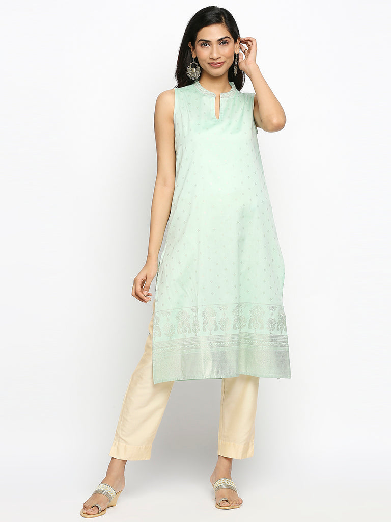 Women's Lt Turq Art Silk Printed Kurta