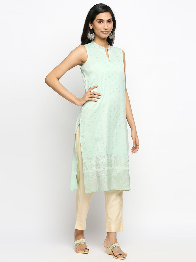 Women's Lt Turq Art Silk Printed Kurta