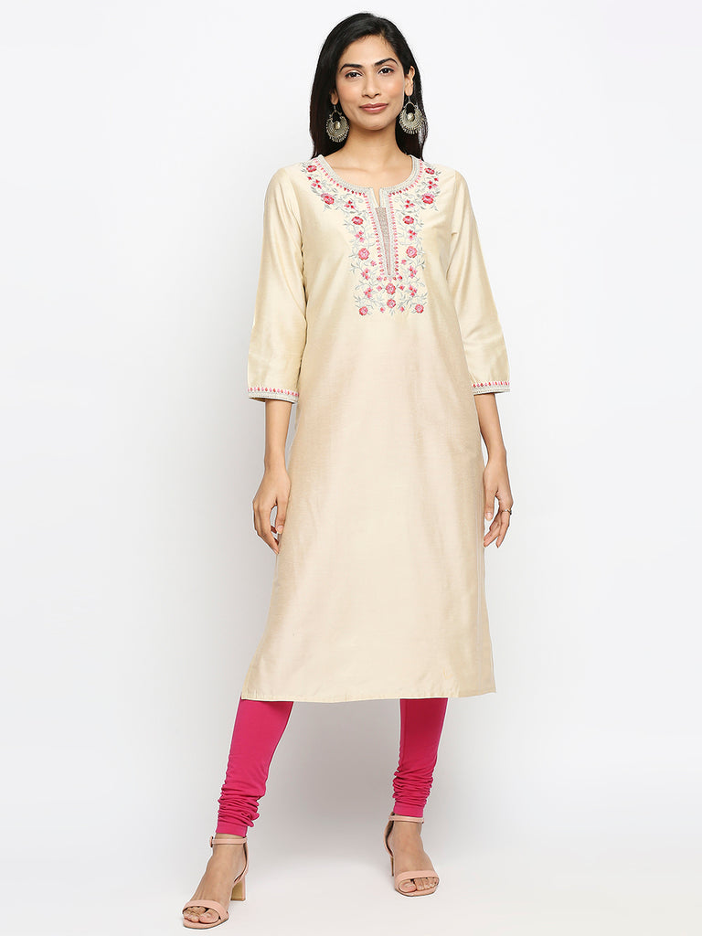 Women's Off-White Art Silk Printed Kurta