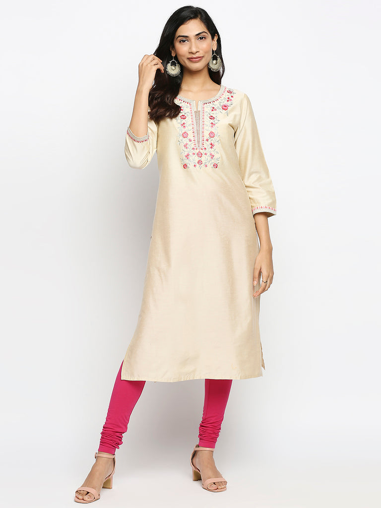 Women's Off-White Art Silk Printed Kurta