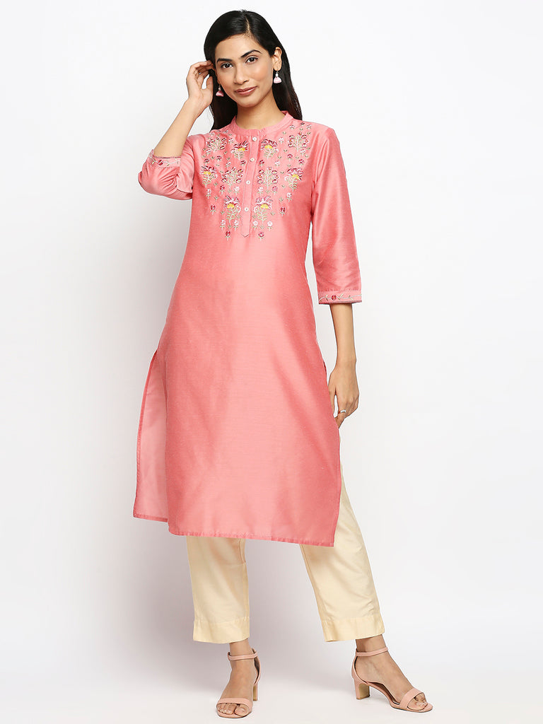 Women's Pink Art Silk Printed Kurta