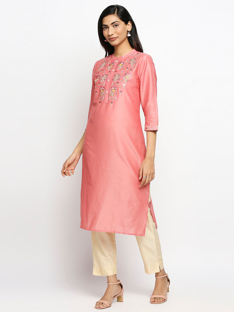 Women's Pink Art Silk Printed Kurta