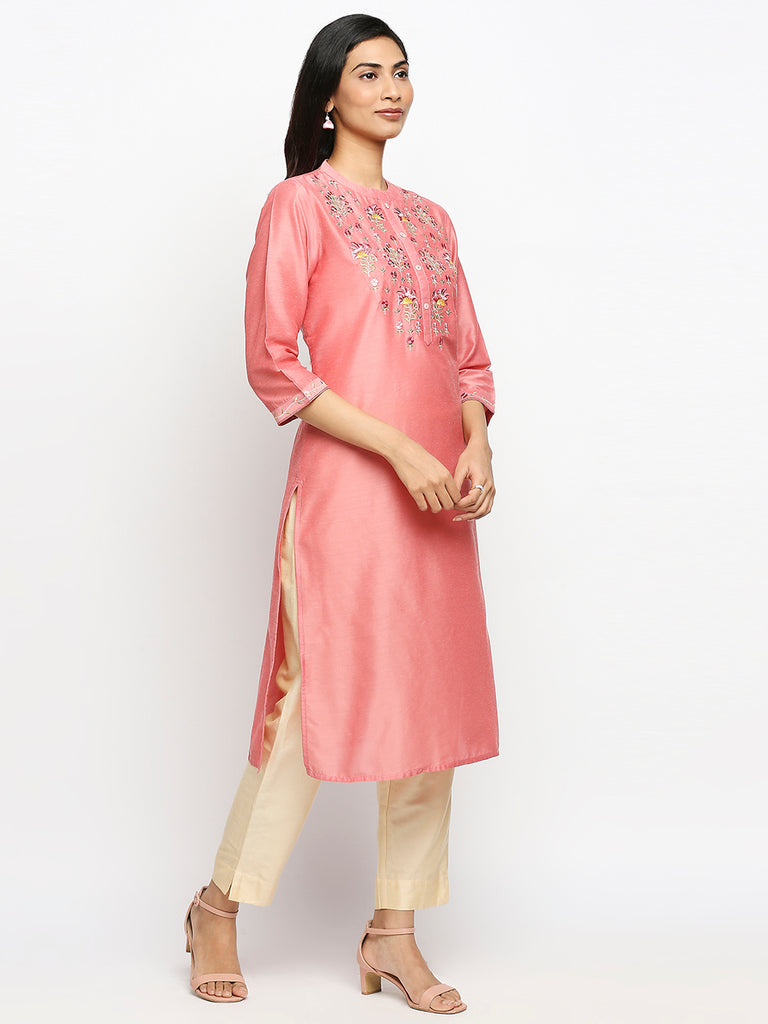 Women's Pink Art Silk Printed Kurta