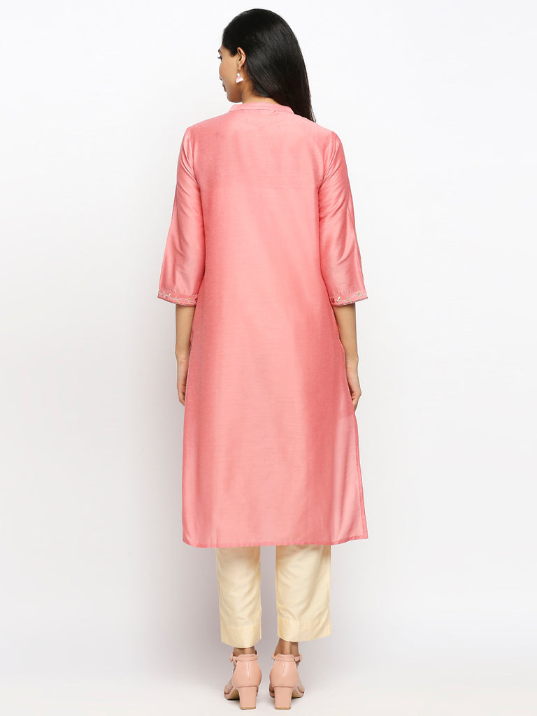 Women's Pink Art Silk Printed Kurta