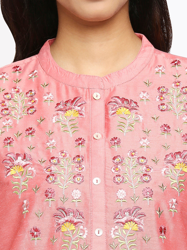 Women's Pink Art Silk Printed Kurta