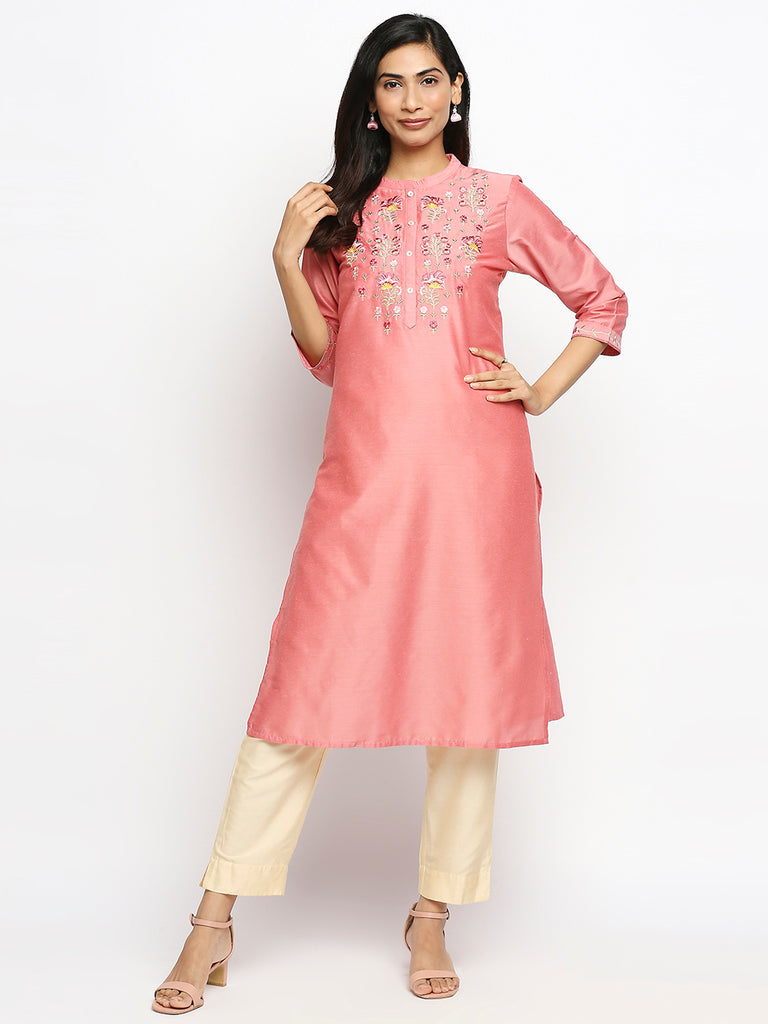 Women's Pink Art Silk Printed Kurta