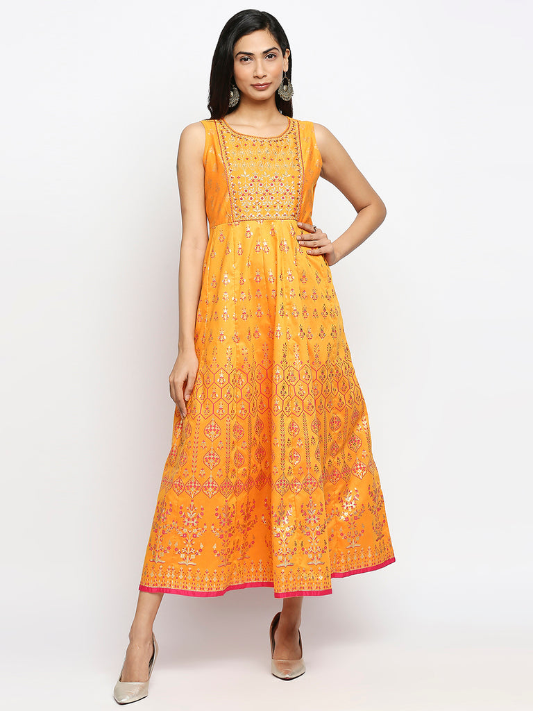 Women's Mustard Art Silk Printed Kurta