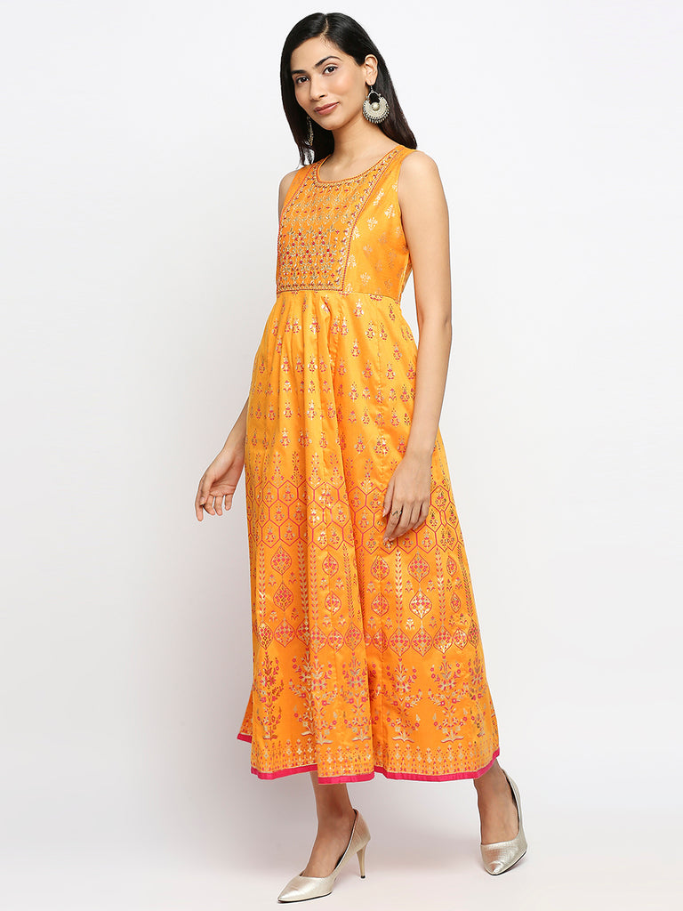 Women's Mustard Art Silk Printed Kurta