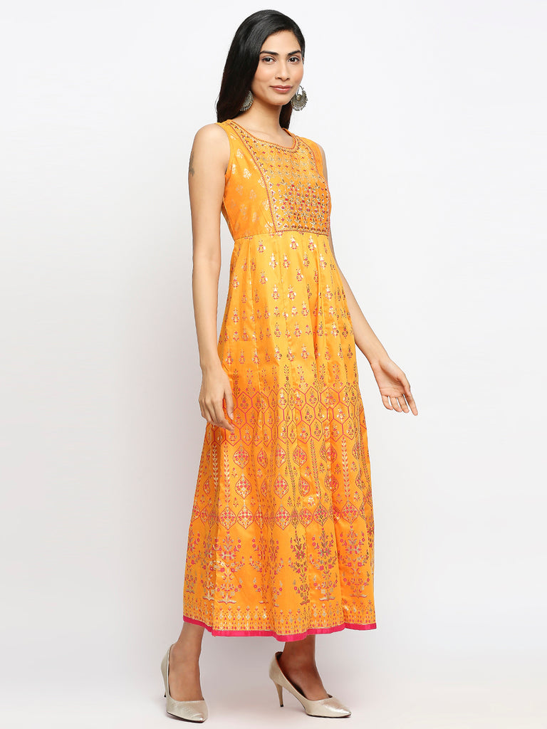 Women's Mustard Art Silk Printed Kurta