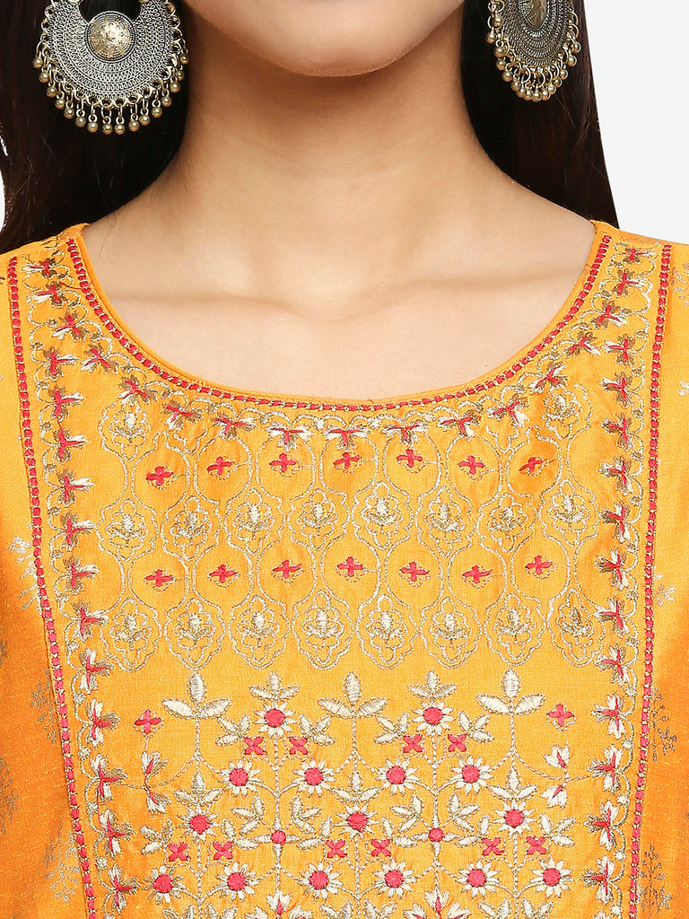 Women's Mustard Art Silk Printed Kurta