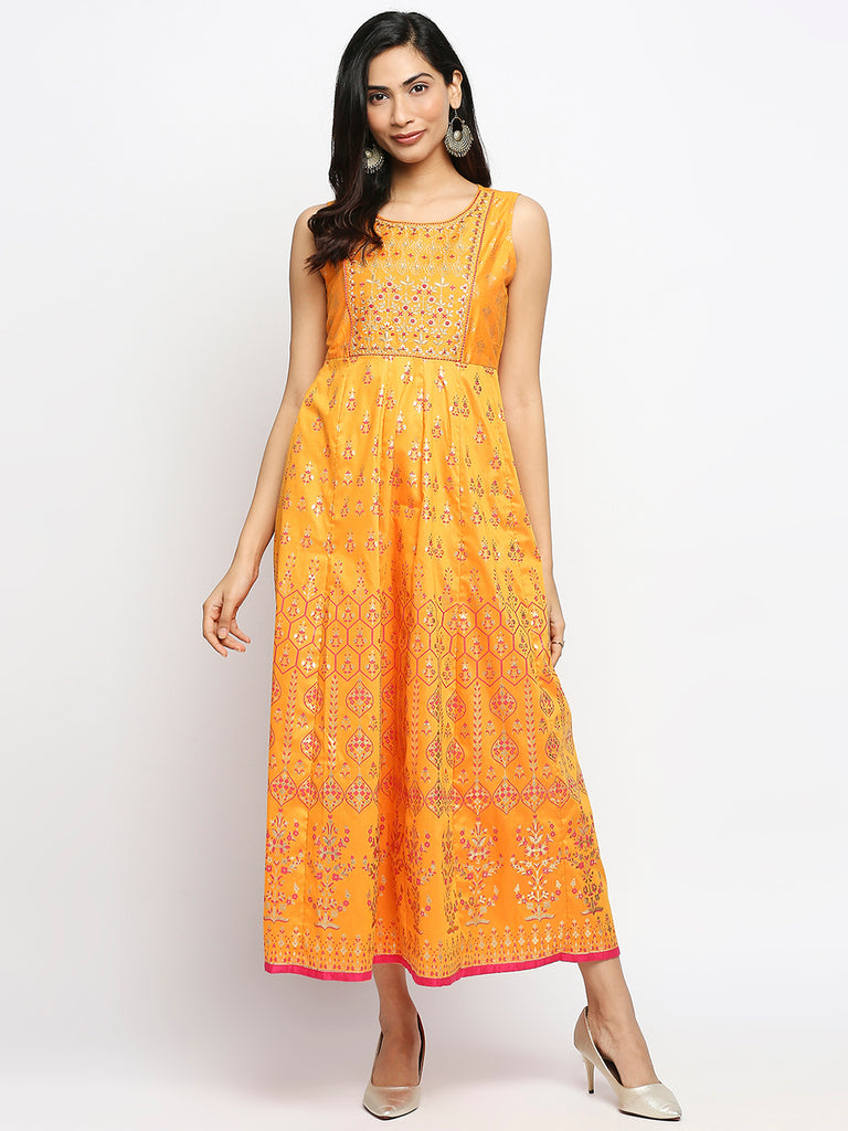 Women's Mustard Art Silk Printed Kurta