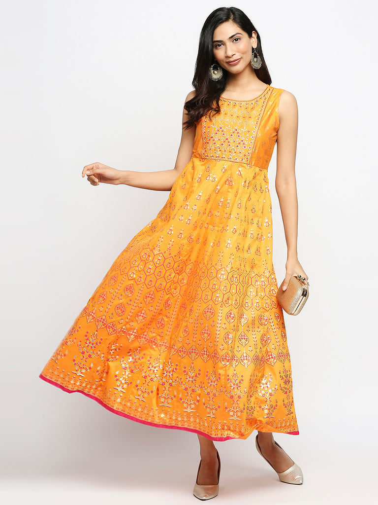 Women's Mustard Art Silk Printed Kurta