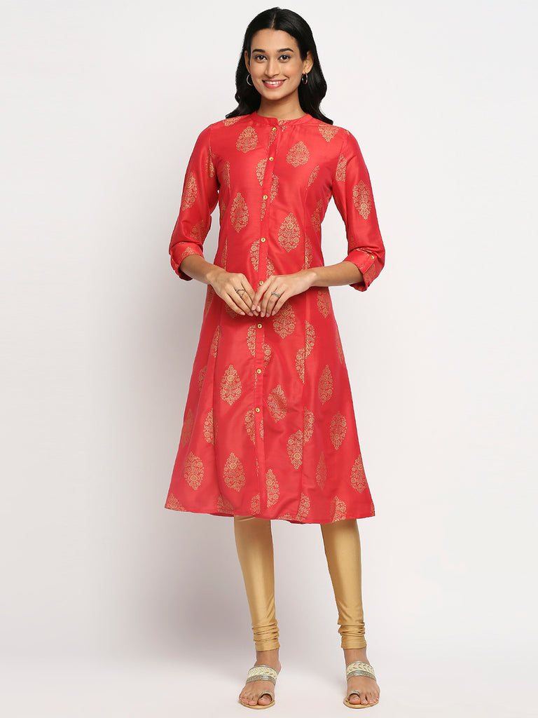 Women's Fucshia Art Silk Printed Kurta