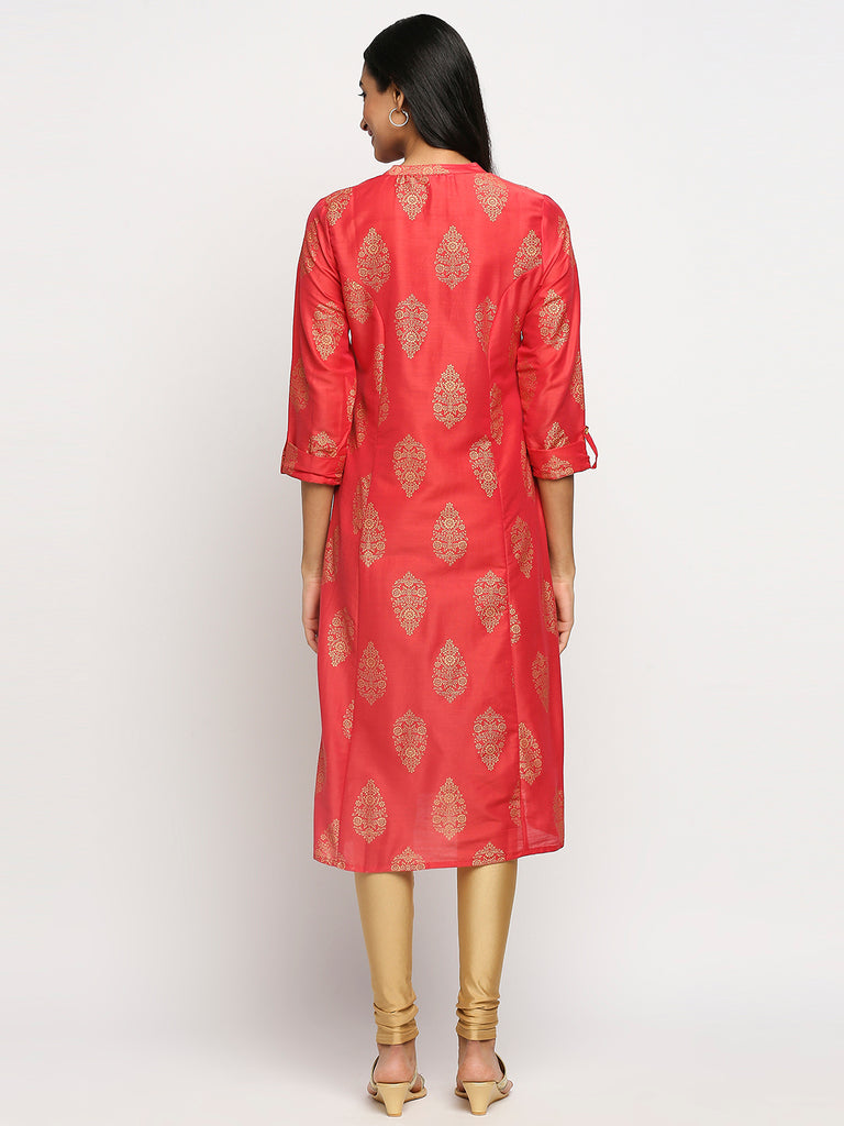 Women's Fucshia Art Silk Printed Kurta