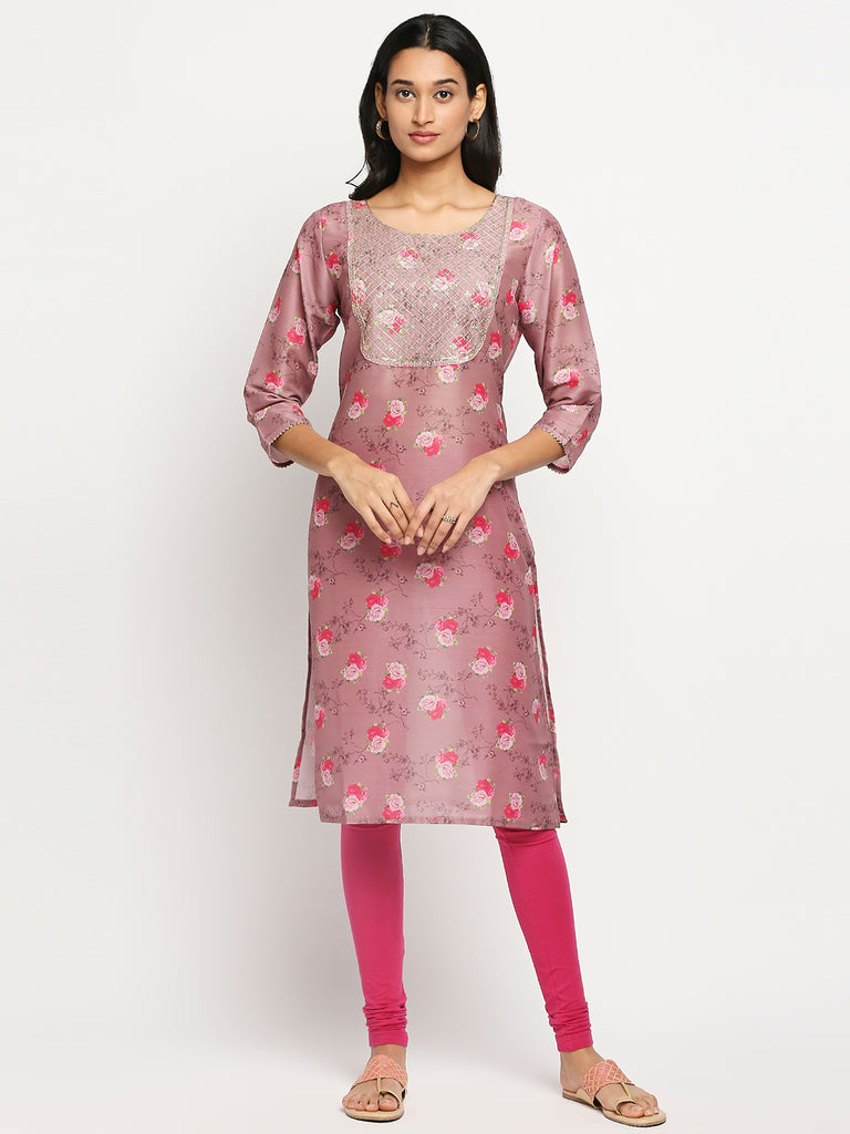 Women's Magenta Art Silk Printed Kurta