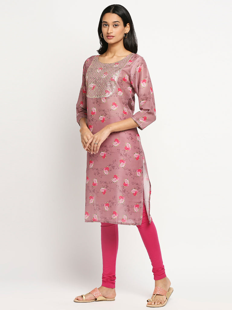 Women's Magenta Art Silk Printed Kurta