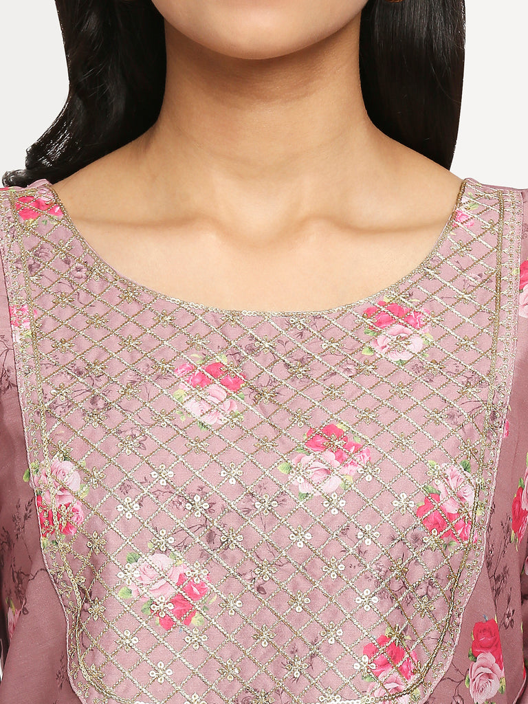 Women's Magenta Art Silk Printed Kurta